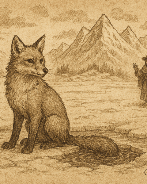 Sepia-toned illustration on aged rice parchment showing Atoq the fox crouched on a frozen lake in the Peruvian Andes, his thick tail submerged in a dark hole in the ice. His expression is tense and alert. On the snowy shore, an elderly Quechua woman in traditional layered clothing watches with concern. Behind her, snow-capped mountains rise above a stone village nestled among sparse trees. “OldFolktales.com” is inscribed at the bottom right.