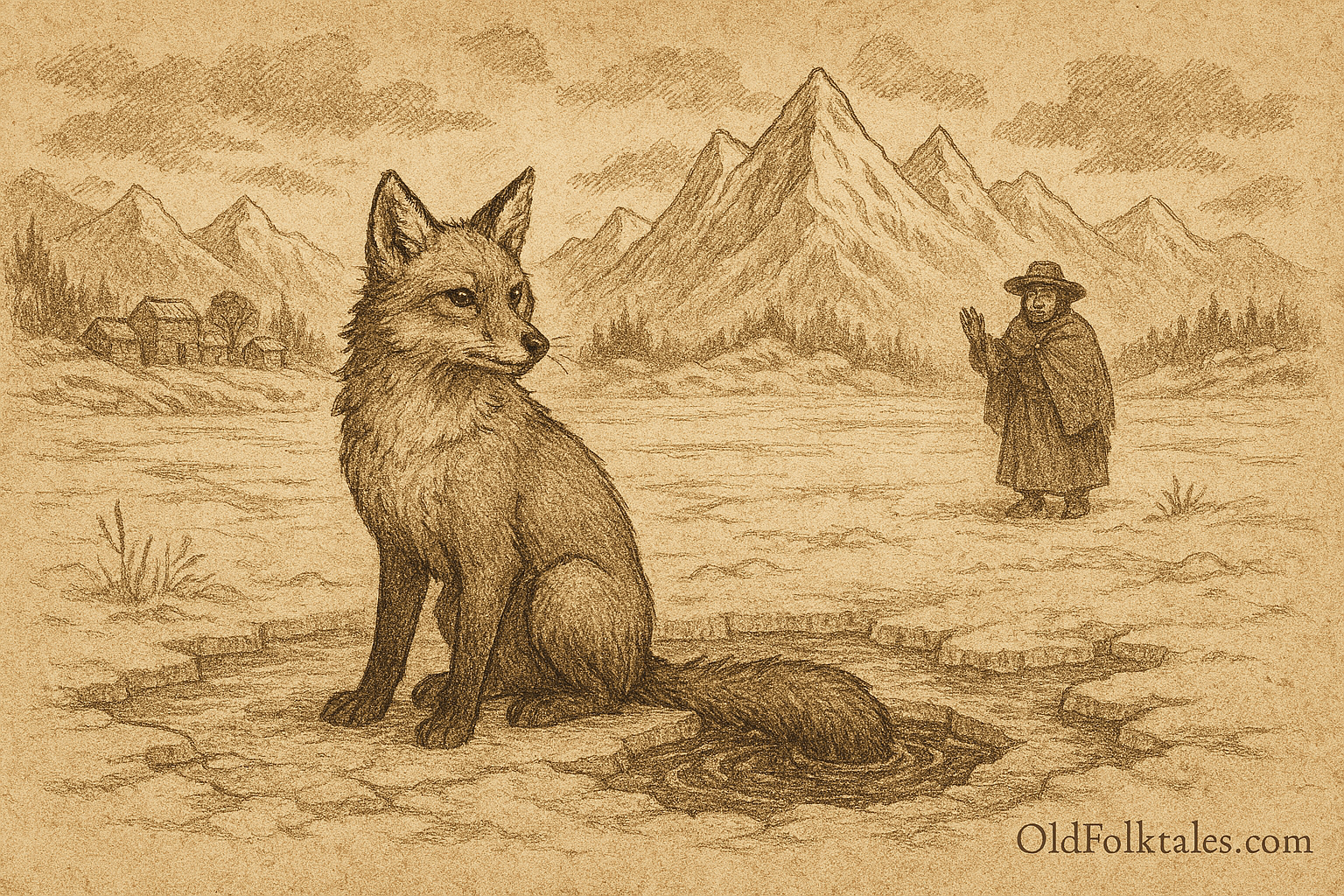 Sepia-toned illustration on aged rice parchment showing Atoq the fox crouched on a frozen lake in the Peruvian Andes, his thick tail submerged in a dark hole in the ice. His expression is tense and alert. On the snowy shore, an elderly Quechua woman in traditional layered clothing watches with concern. Behind her, snow-capped mountains rise above a stone village nestled among sparse trees. “OldFolktales.com” is inscribed at the bottom right.