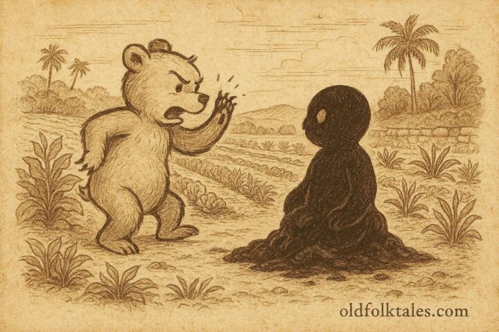 Parchment-style illustration of B'Booky facing the tar baby in a Bahamian folktale scene.