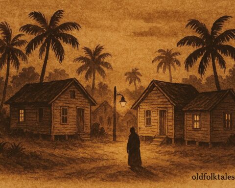 Parchment-style illustration of B'Gully near a village at night, Bahamian folklore scene.