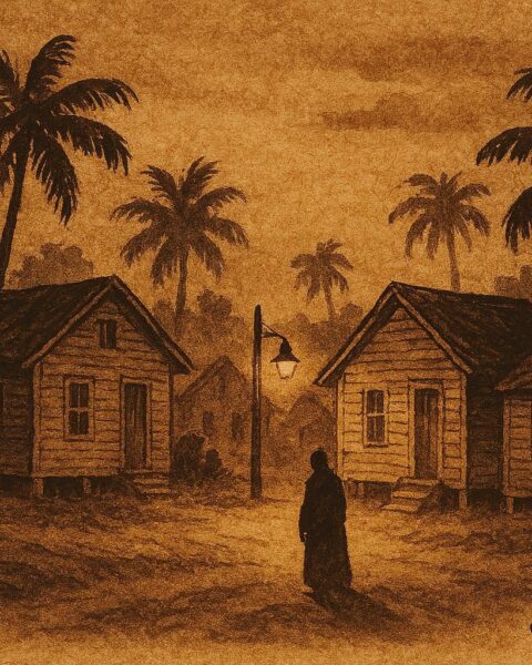 Parchment-style illustration of B'Gully near a village at night, Bahamian folklore scene.