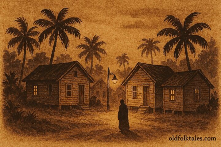 Parchment-style illustration of B'Gully near a village at night, Bahamian folklore scene.