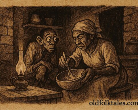 Parchment-style art of Bouki and Malis stealing butter from a calabash, a scene from a classic Haitian trickster folktale.
