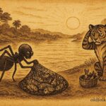 Parchment-style art of Anansi pulling in a huge net of fish as Tiger looks on, Belizean Kriol folktale scene.