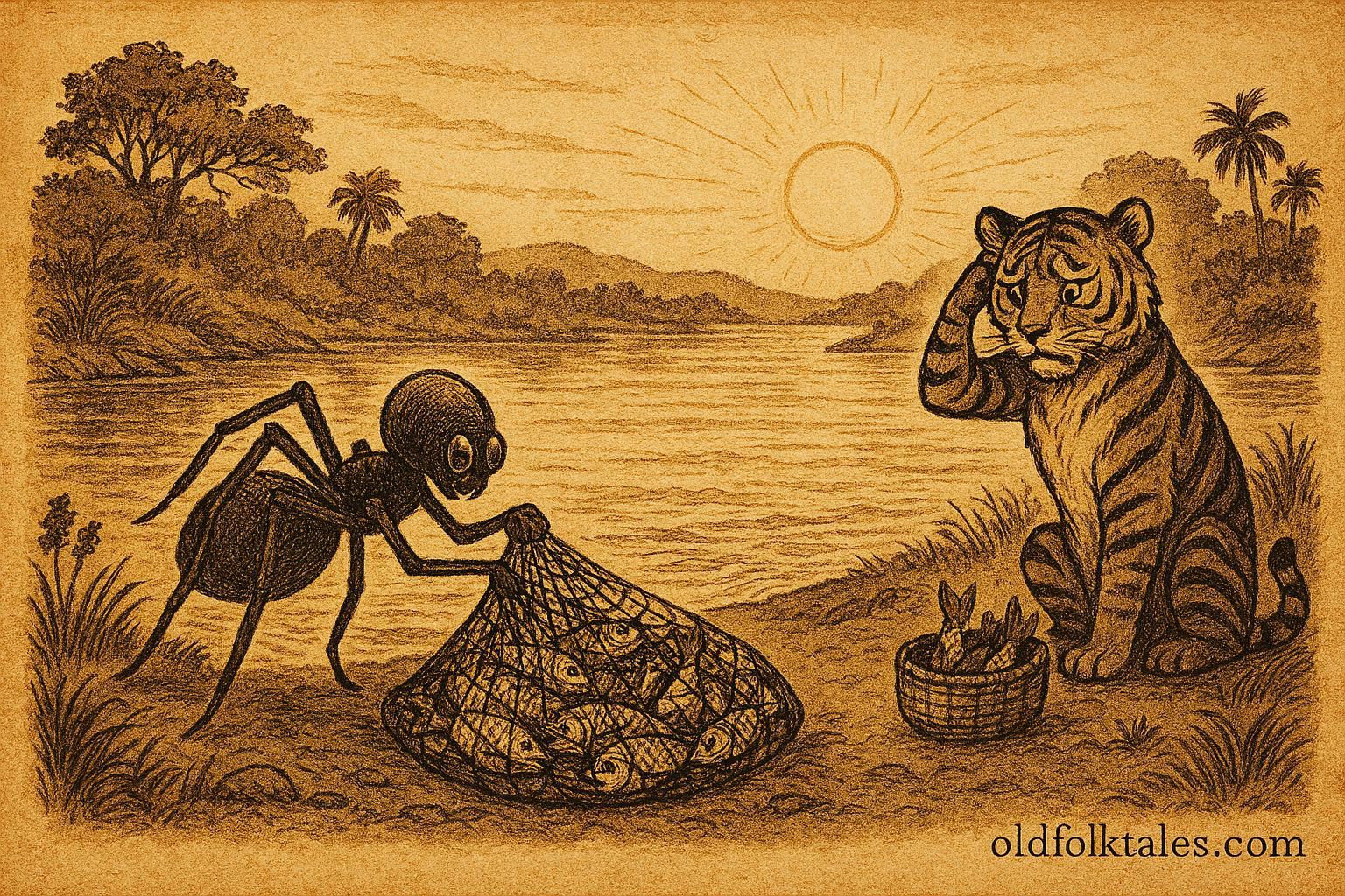 Parchment-style art of Anansi pulling in a huge net of fish as Tiger looks on, Belizean Kriol folktale scene.