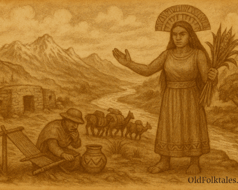 Sepia-toned illustration on aged rice parchment depicting Chaupi Ñamca, the ancient Andean goddess of balance and fertility, standing beside a flowing river in the Peruvian Andes. She wears a radiant headdress and holds tall corn stalks, appearing both nurturing and formidable. A humble devotee kneels nearby, weaving at a traditional loom with focused reverence. Snow-capped mountains rise in the background, and the landscape includes sacred tools, lush vegetation, and swirling clouds. "OldFolktales.com" is inscribed at the bottom right corner