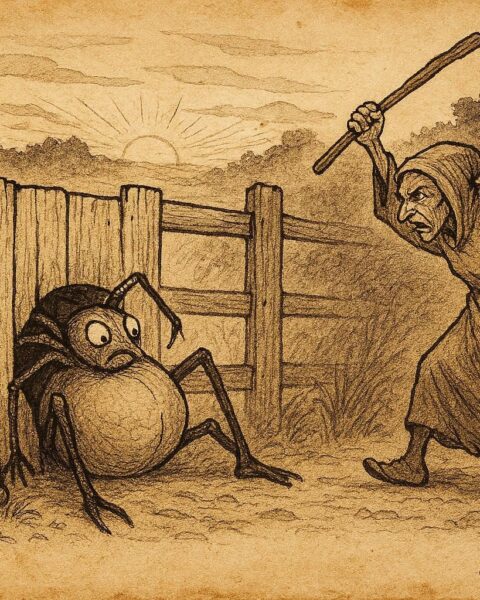 Parchment-style art of Anansi stuck in a fence, caught stealing plantains in a Jamaican folktale.