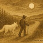 Parchment-style illustration of the White Cadejo protecting a traveler, Guatemalan folktale scene.