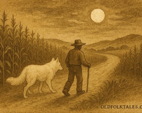 Parchment-style illustration of the White Cadejo protecting a traveler, Guatemalan folktale scene.