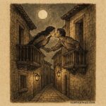 Parchment-style artwork of Leonor and Carlos reaching across balconies, Mexican folktale scene.