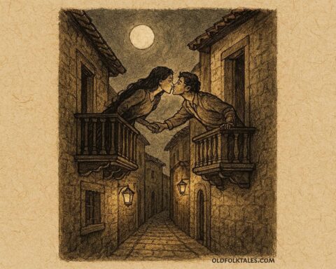 Parchment-style artwork of Leonor and Carlos reaching across balconies, Mexican folktale scene.