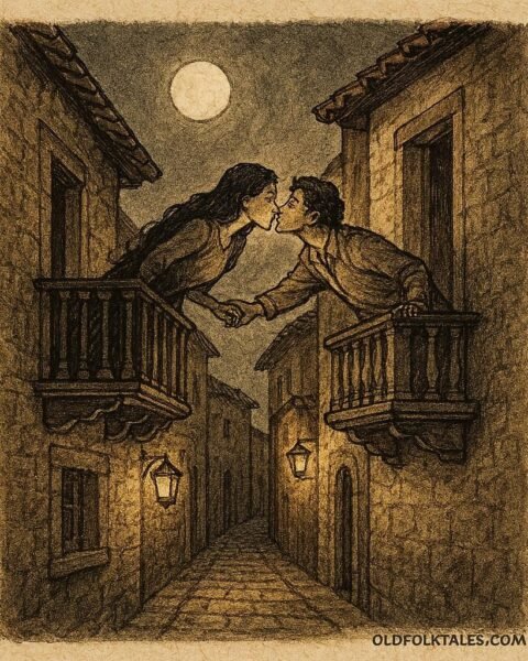 Parchment-style artwork of Leonor and Carlos reaching across balconies, Mexican folktale scene.