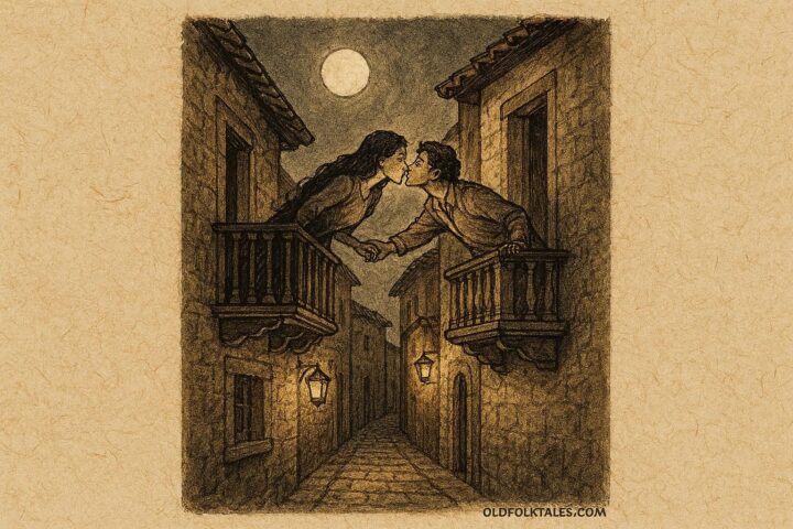 Parchment-style artwork of Leonor and Carlos reaching across balconies, Mexican folktale scene.