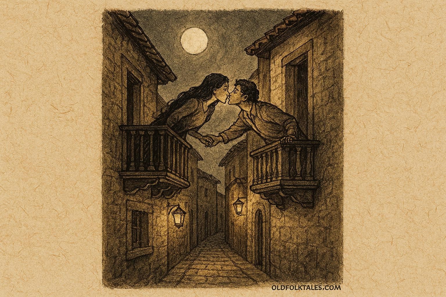 Parchment-style artwork of Leonor and Carlos reaching across balconies, Mexican folktale scene.