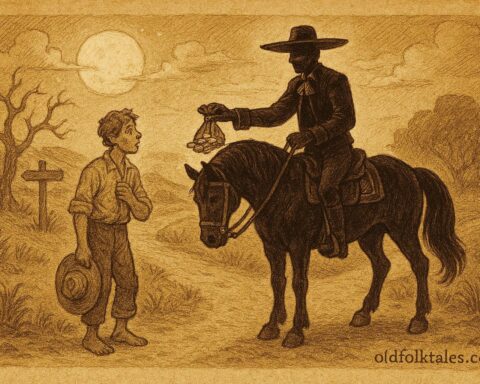 Parchment-style illustration of El Charro Negro on a black horse offering wealth, Colonial Mexican folklore.