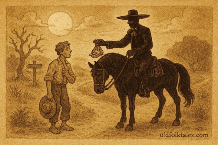 Parchment-style illustration of El Charro Negro on a black horse offering wealth, Colonial Mexican folklore.