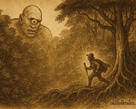 Parchment style illustration of a one eyed jungle giant and escaping traveler, Honduran Miskito folktale.