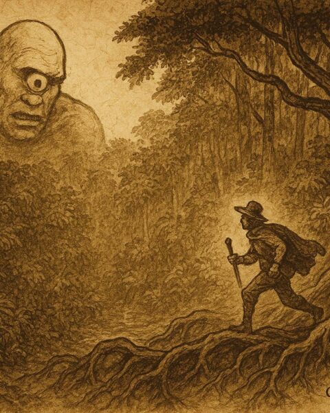 Parchment style illustration of a one eyed jungle giant and escaping traveler, Honduran Miskito folktale.