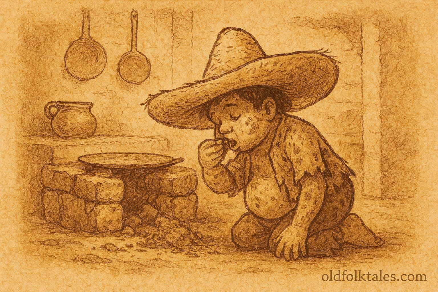 Parchment-style illustration of El Cipitío, the ash-eating eternal boy from Guatemalan folklore, by a hearth.