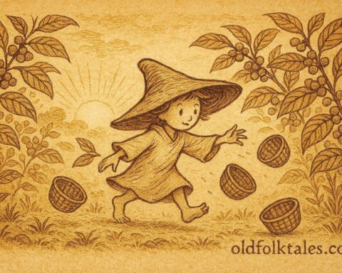 Parchment-style illustration of El Duende del Café moving among coffee plants, Colombian-Central American folktale.