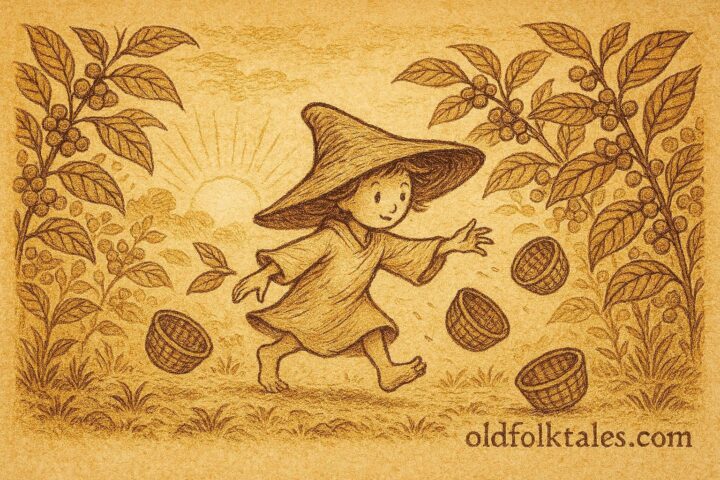 Parchment-style illustration of El Duende del Café moving among coffee plants, Colombian-Central American folktale.