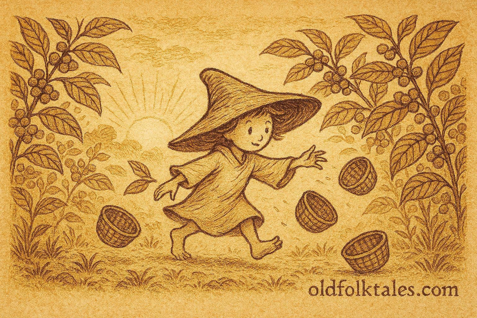 Parchment-style illustration of El Duende del Café moving among coffee plants, Colombian-Central American folktale.