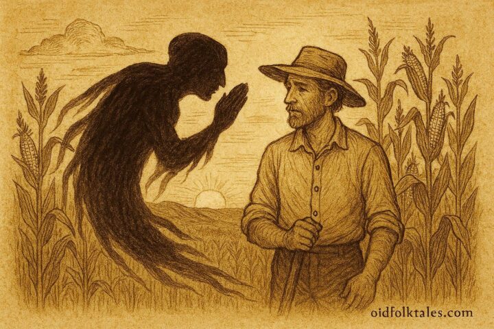 Parchment-style illustration of El Espanto del Maizal in maizefields, Mexican folktale scene.