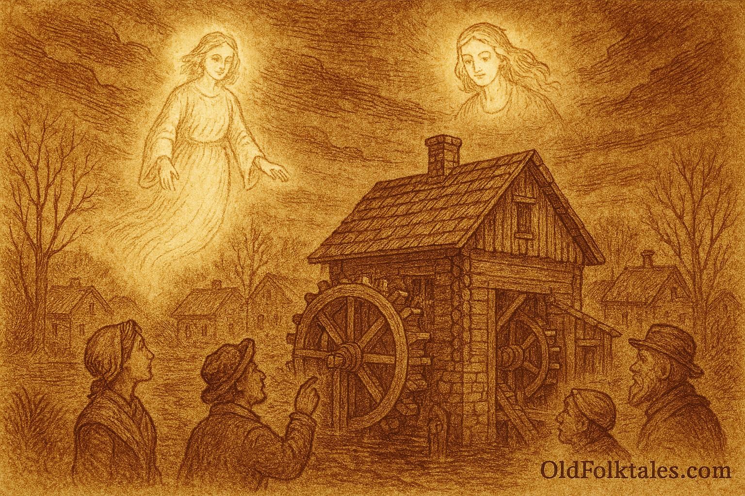 Parchment-style illustration of El Espíritu del Molino haunting a village mill at night, Mexican folktale.