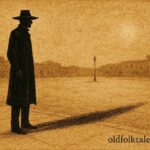 Parchment-style illustration of El Hombre del Sombrero on a night street, Mexico folklore.