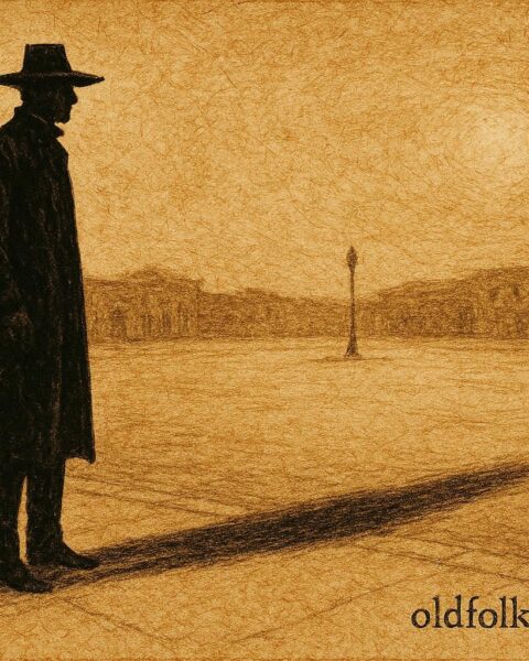 Parchment-style illustration of El Hombre del Sombrero on a night street, Mexico folklore.