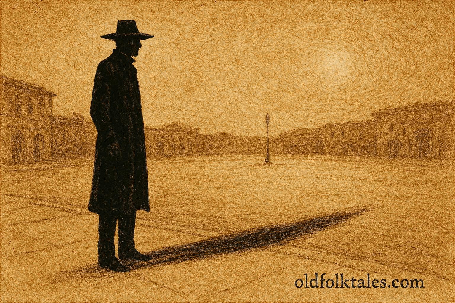 Parchment-style illustration of El Hombre del Sombrero on a night street, Mexico folklore.