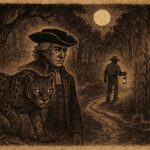 Parchment-style illustration of a nahual jaguar transforming into a man, Mexican folktale scene.