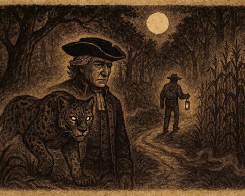 Parchment-style illustration of a nahual jaguar transforming into a man, Mexican folktale scene.