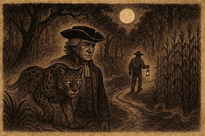 Parchment-style illustration of a nahual jaguar transforming into a man, Mexican folktale scene.