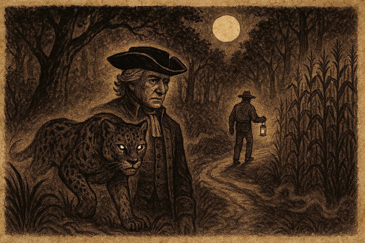 Parchment-style illustration of a nahual jaguar transforming into a man, Mexican folktale scene.