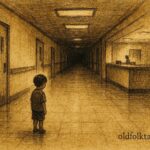 Parchment-style illustration of a silent hospital child, Peru and Mexico urban folktale scene.