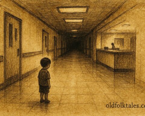 Parchment-style illustration of a silent hospital child, Peru and Mexico urban folktale scene.