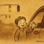 Parchment-style illustration of a child at a red light, Brazil Mexico urban folktale.