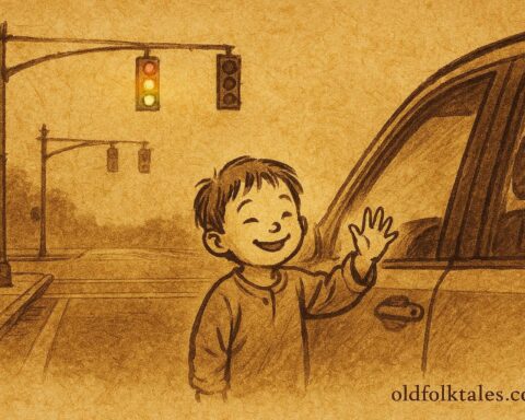 Parchment-style illustration of a child at a red light, Brazil Mexico urban folktale.