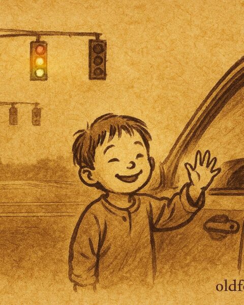 Parchment-style illustration of a child at a red light, Brazil Mexico urban folktale.