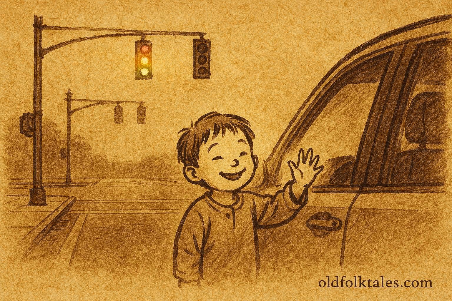 Parchment-style illustration of a child at a red light, Brazil Mexico urban folktale.