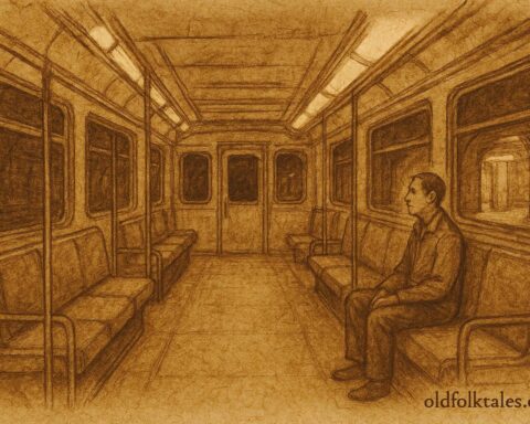 Parchment-style illustration of a lone metro passenger at night, Mexican urban folktale scene.