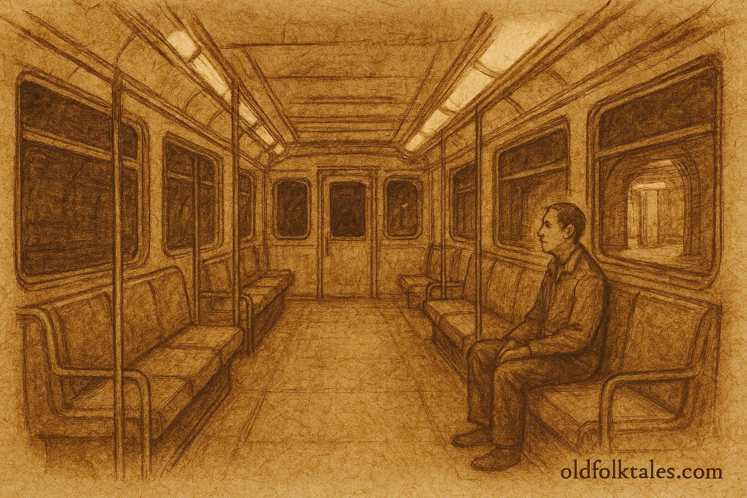 Parchment-style illustration of a lone metro passenger at night, Mexican urban folktale scene.