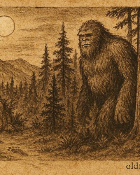 Parchment-style illustration of El Sisimite in Honduran mountain forest folklore scene.