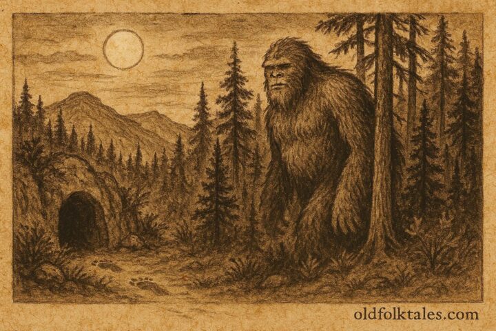 Parchment-style illustration of El Sisimite in Honduran mountain forest folklore scene.