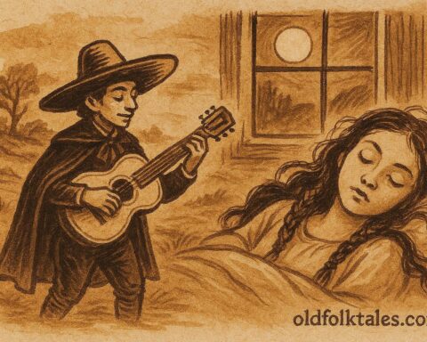 Parchment style illustration of El Sombrerón, the legendary Hat Man, serenading a sleeping woman from Guatemalan folklore.