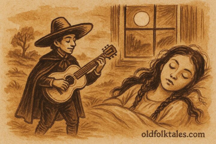 Parchment style illustration of El Sombrerón, the legendary Hat Man, serenading a sleeping woman from Guatemalan folklore.
