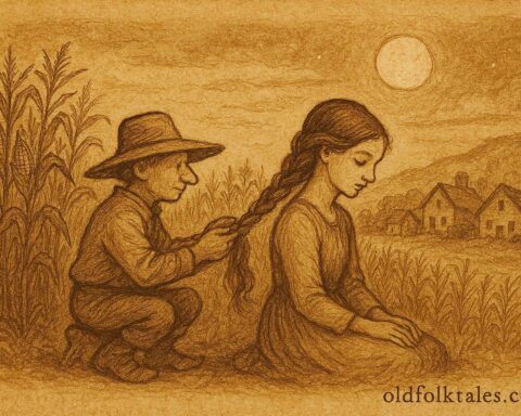 Parchment-style illustration of El Sombrerón braiding hair, Guatemalan folktale scene.