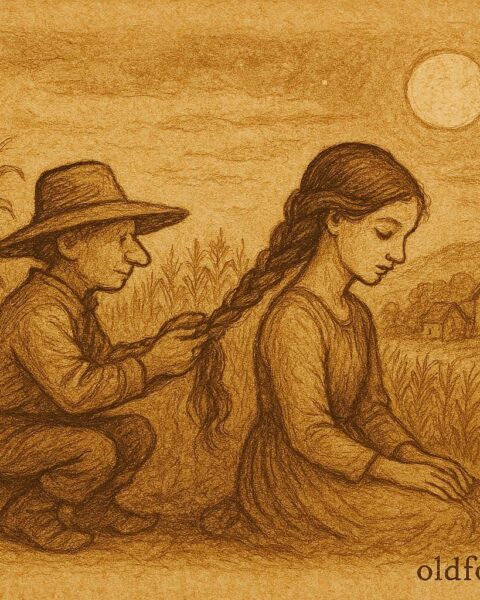 Parchment-style illustration of El Sombrerón braiding hair, Guatemalan folktale scene.
