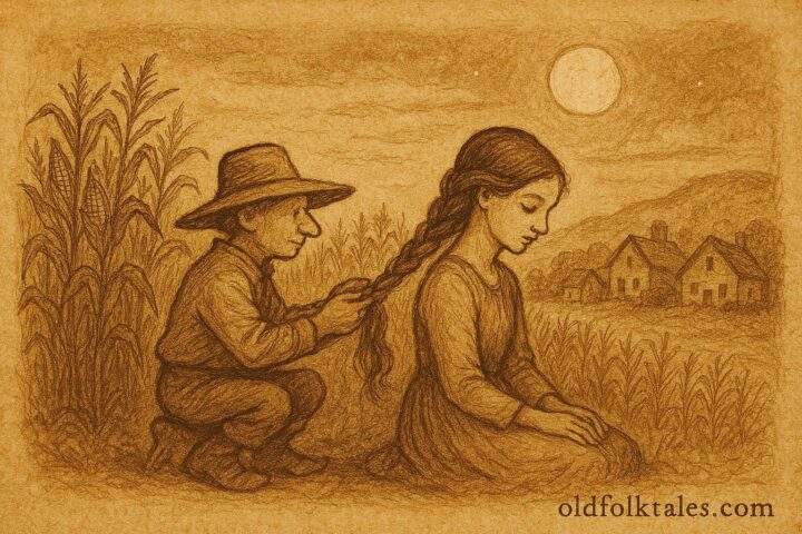 Parchment-style illustration of El Sombrerón braiding hair, Guatemalan folktale scene.